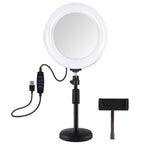PULUZ 7.9 inch 20cm Mirror Light + Round Base Desktop Mount 3 Modes Dimmable Dual Color Temperature LED Curved Light Ring Vlogging Selfie Photography Video Lights with Phone Clamp, 7.9 inch+Desktop Mount+Mirror