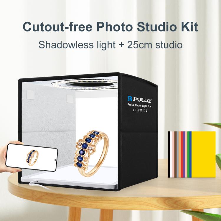 PULUZ 25cm Folding Portable High CRI Ring LED Photo Lighting Studio Tent Box + Shadowless Light Lamp Panel Pad with 12 Colors Backdrops, Size: 25cm x 25cm x 25cm, 25cm High CRI Box + Shadowless Light, 25cm High CRI Box + Shadowless Light (RU)