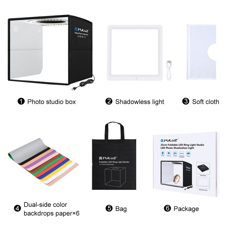 PULUZ 25cm Folding Portable High CRI Ring LED Photo Lighting Studio Tent Box + Shadowless Light Lamp Panel Pad with 12 Colors Backdrops, Size: 25cm x 25cm x 25cm, 25cm High CRI Box + Shadowless Light, 25cm High CRI Box + Shadowless Light (RU)