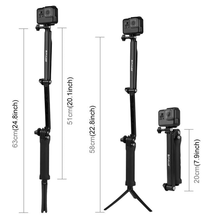 PULUZ 3-Way Grip Foldable Tripod Selfie-stick Extension Monopod for DJI, Insta360, GoPro and Other Action Cameras, Length: 20-58cm, Length: 20-58cm, Length: 20-58cm(AE)