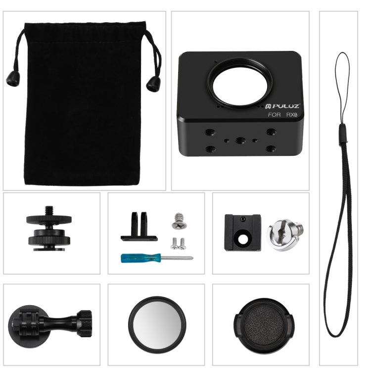 PULUZ Housing Shell CNC Aluminum Alloy Protective Cage with 37mm UV Lens & Base Mount & Screw for Sony RX0, Cage Kits Black(AE), Cage Kits Black