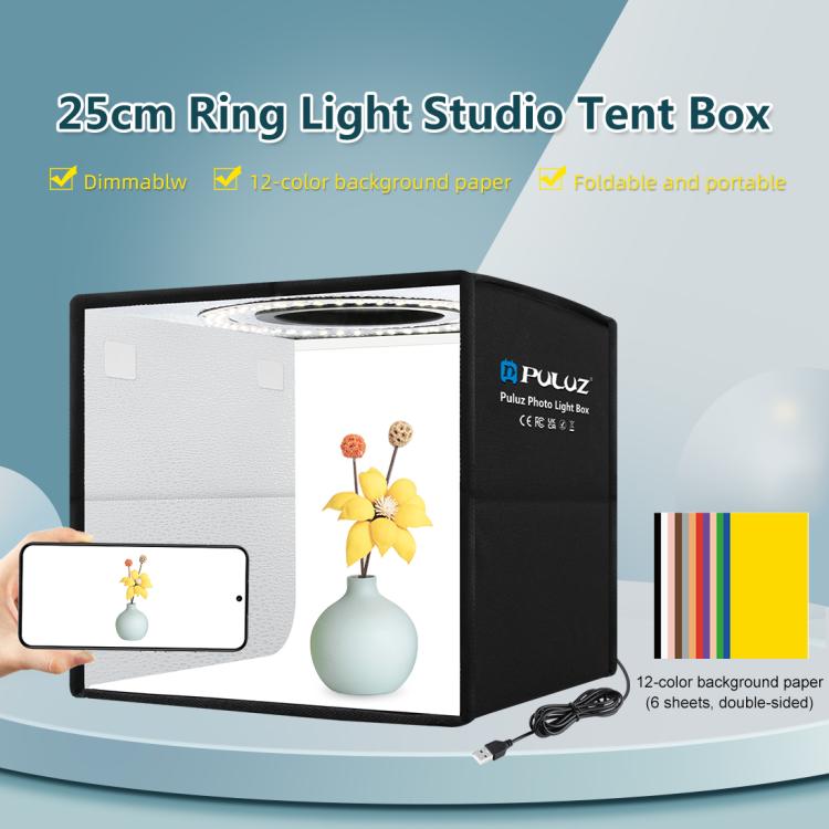 PULUZ 25cm Folding Portable Ring Light Photo Lighting Studio Shooting Tent Box with 12 Colors Backdrops, Size: 25cm x 25cm x 25cm, 25cm High CRI Box, 25cm High CRI Box US