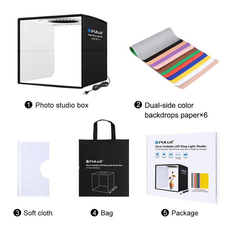 PULUZ 25cm Folding Portable Ring Light Photo Lighting Studio Shooting Tent Box with 12 Colors Backdrops, Size: 25cm x 25cm x 25cm, 25cm High CRI Box, 25cm High CRI Box US