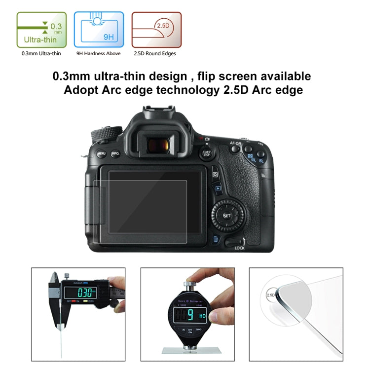 PULUZ 2.5D 9H Tempered Glass Film for Canon 650D, Compatible with 90D / 80D / 70D / 77D(9000D) / 800D(X9I) / 700D(X7I) / 750D(X8I) / 760D(8000D) / XC10 / XC15 / 7D2, Pentax Q1 / K-S1 /Q10 / Q7, Panasonic ZS35, Nikon V1, For Canon 650D