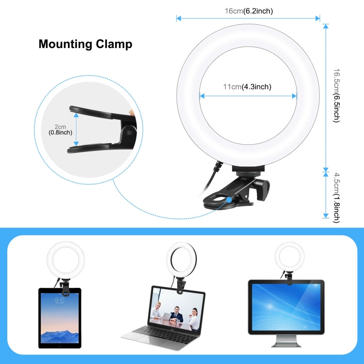 PULUZ 6.2 inch 16cm Ring Selfie Light 3 Modes USB Dimmable Dual Color Temperature LED Curved Vlogging Photography Video Lights with Monitor Clip Holder, 6.2 inch Light+Clip
