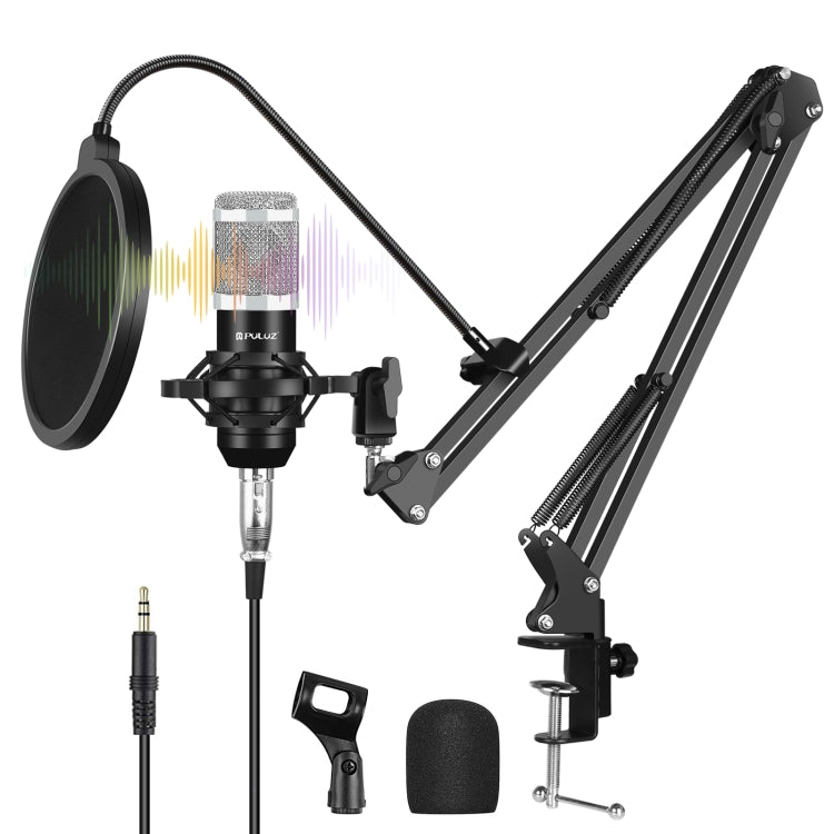 PULUZ Studio Broadcast Professional Singing Microphone Kits with Suspension Scissor Arm & Metal Shock Mount & USB Sound Card, Microphone Kits (Silver), Microphone Kits (Black)