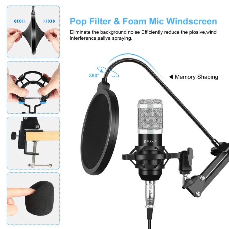 PULUZ Studio Broadcast Professional Singing Microphone Kits with Suspension Scissor Arm & Metal Shock Mount & USB Sound Card, Microphone Kits (Silver), Microphone Kits (Black)