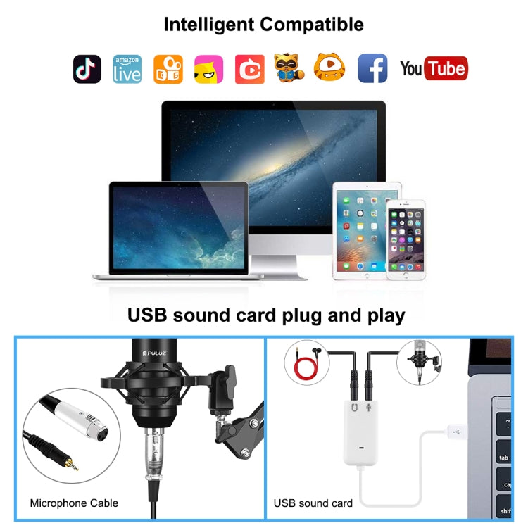 PULUZ Studio Broadcast Professional Singing Microphone Kits with Suspension Scissor Arm & Metal Shock Mount & USB Sound Card, Microphone Kits (Silver), Microphone Kits (Black)