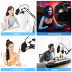 PULUZ Studio Broadcast Professional Singing Microphone Kits with Suspension Scissor Arm & Metal Shock Mount & USB Sound Card, Microphone Kits (Silver), Microphone Kits (Black)