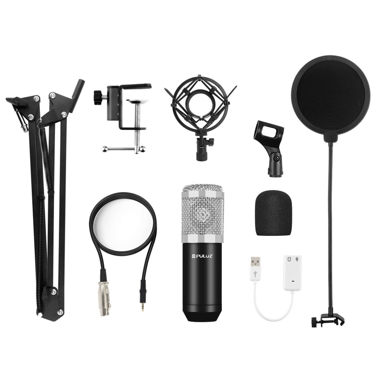 PULUZ Studio Broadcast Professional Singing Microphone Kits with Suspension Scissor Arm & Metal Shock Mount & USB Sound Card, Microphone Kits (Silver), Microphone Kits (Black)