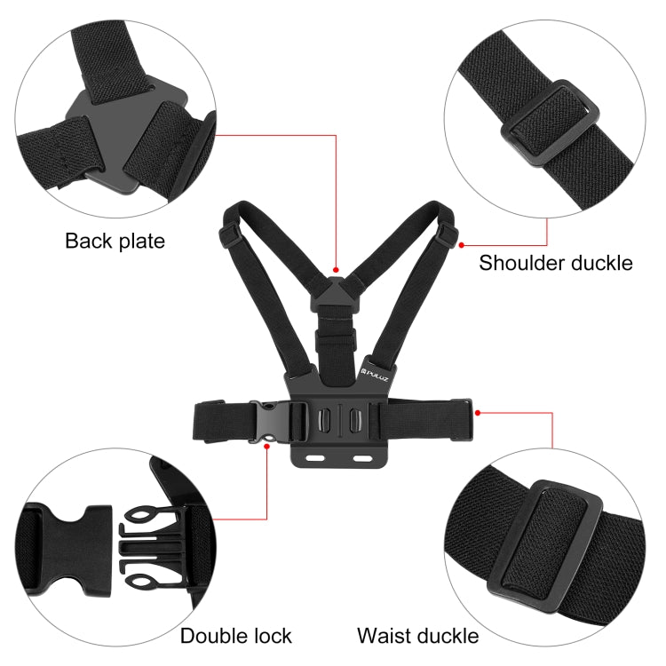 PULUZ  5 in 1 Adjustable Body Mount Belt Chest Strap with Phone Clamp & J Hook Mount & Long Screw Kit