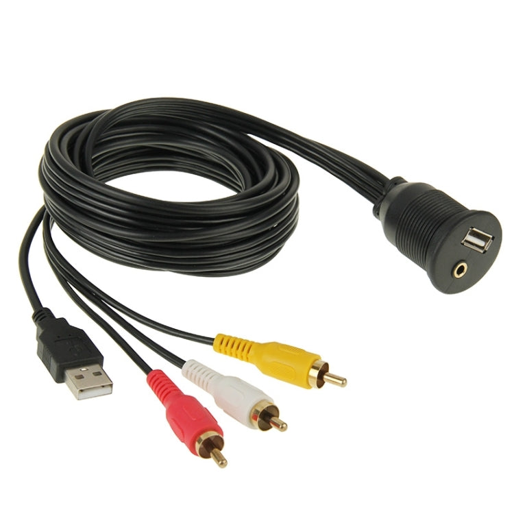 USB 2.0 & 3 RCA Male to USB 2.0 & 3.5mm Female Adapter Cable with Car Flush Mount, Length: 2m, USB 2.0 & 3 RCA Male to USB 2.0 & 3.5mm Female