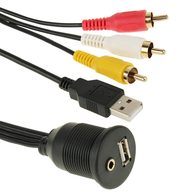 USB 2.0 & 3 RCA Male to USB 2.0 & 3.5mm Female Adapter Cable with Car Flush Mount, Length: 2m, USB 2.0 & 3 RCA Male to USB 2.0 & 3.5mm Female