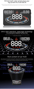 E300 5.5 inch Car OBDII / EUOBD HUD Vehicle-mounted Head Up Display Security System, Support Speed & Fuel Consumption, Overspeed Alarm,  Fuel Consumption, Water Temperature, etc., E300