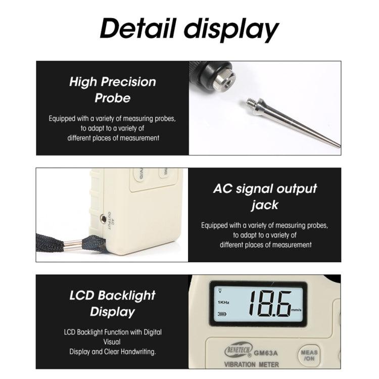 BENETECH GM63A Vibration Meter Digital Tester Vibrometer Analyzer Acceleration Velocity, BENETECH GM63A