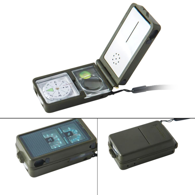 10 in 1 (Thermometer, Hygrometer, LED light, Reflector, Spirit level, Compass, Whistle, Flint, Magnifier, Ruler) Multi-Function Portable Compass, 10 in 1