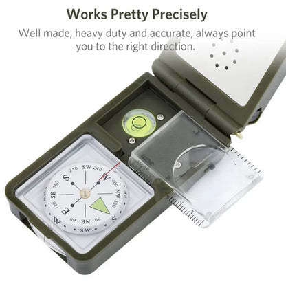 10 in 1 (Thermometer, Hygrometer, LED light, Reflector, Spirit level, Compass, Whistle, Flint, Magnifier, Ruler) Multi-Function Portable Compass, 10 in 1