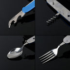 6-in-1 Stainless Steel Travel / Camping Folding Cutlery Set, Spoon + Fork + Knife +  Bottle Opener Set