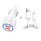 Qc3.0 Dual USB Car Charger + Micro USB Fast Charging Cable Car Charging Kit, Micro USB (White), Micro USB (Black)