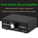 B053 Front Stereo Sound Amplifier Headphone Speaker Amplifier Booster with Volume Adjustment, 2-Way Mixer, USB 5V Power Supply, US Plug, B053