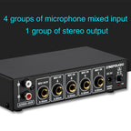 B054 4-Channel Microphone Mixer Support Stereo Output With Reverb Treble And Bass Adjustment, USB 5V Power Supply, US Plug, B054
