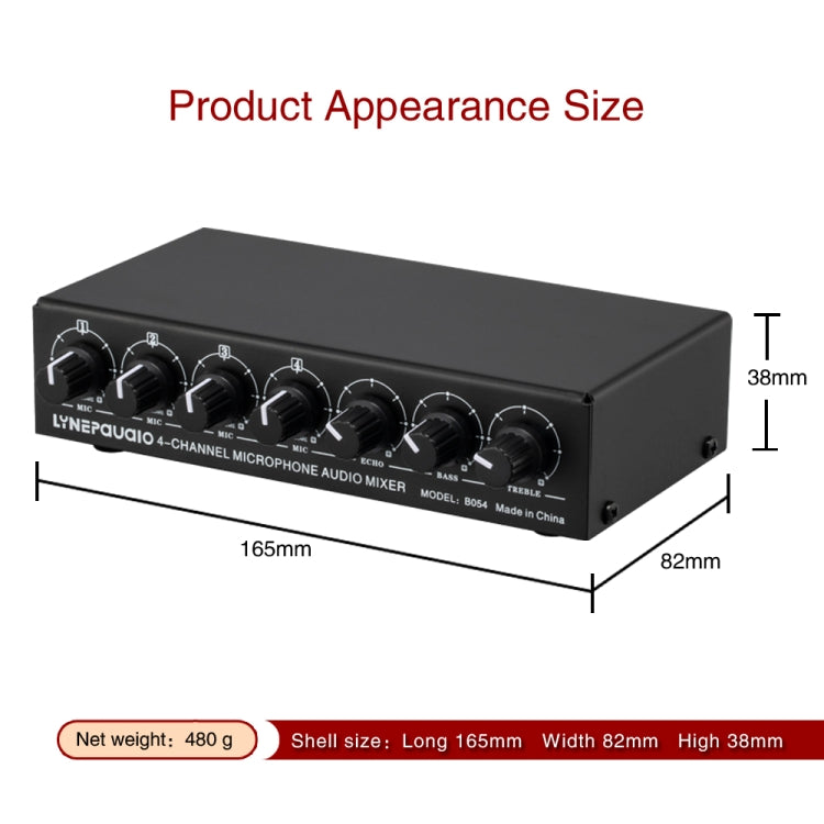 B054 4-Channel Microphone Mixer Support Stereo Output With Reverb Treble And Bass Adjustment, USB 5V Power Supply, US Plug, B054