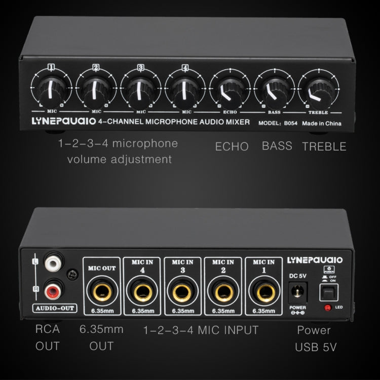 B054 4-Channel Microphone Mixer Support Stereo Output With Reverb Treble And Bass Adjustment, USB 5V Power Supply, US Plug, B054