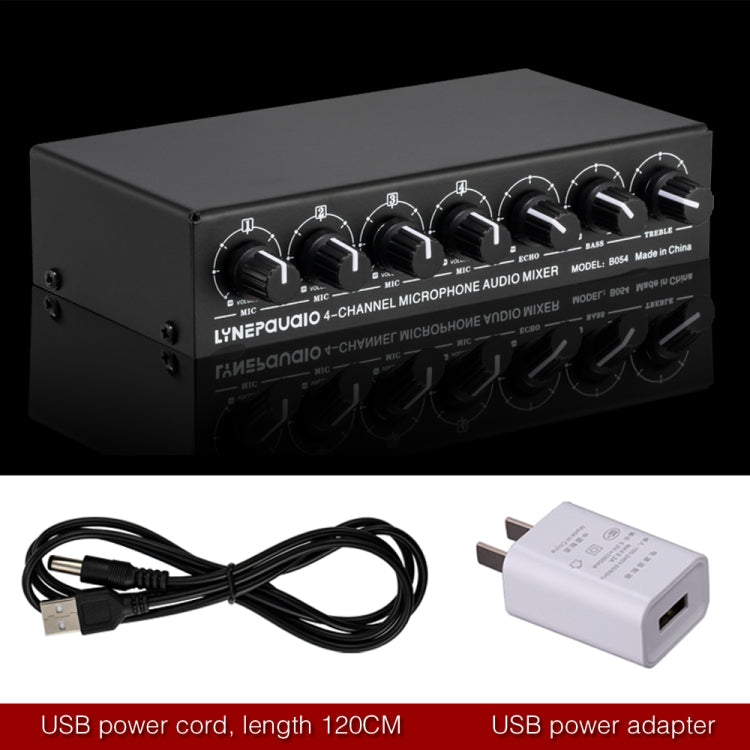 B054 4-Channel Microphone Mixer Support Stereo Output With Reverb Treble And Bass Adjustment, USB 5V Power Supply, US Plug, B054
