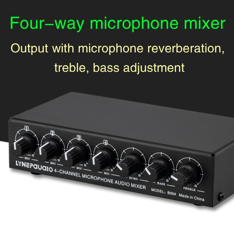 B054 4-Channel Microphone Mixer Support Stereo Output With Reverb Treble And Bass Adjustment, USB 5V Power Supply, US Plug, B054