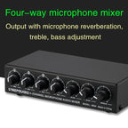 B054 4-Channel Microphone Mixer Support Stereo Output With Reverb Treble And Bass Adjustment, USB 5V Power Supply, US Plug, B054