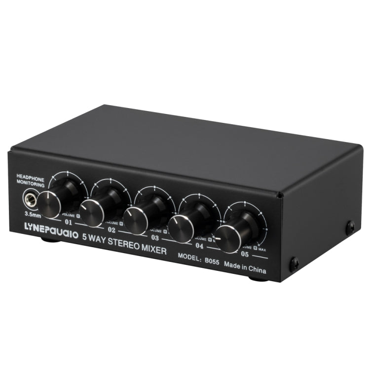 B055 5-Channel Active Stereo Mixer Multi-Channel Mixer with Independent Volume Adjustment  & USB 5V Power Output & Headphone Monitoring, US Plug, B055