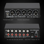 B055 5-Channel Active Stereo Mixer Multi-Channel Mixer with Independent Volume Adjustment  & USB 5V Power Output & Headphone Monitoring, US Plug, B055
