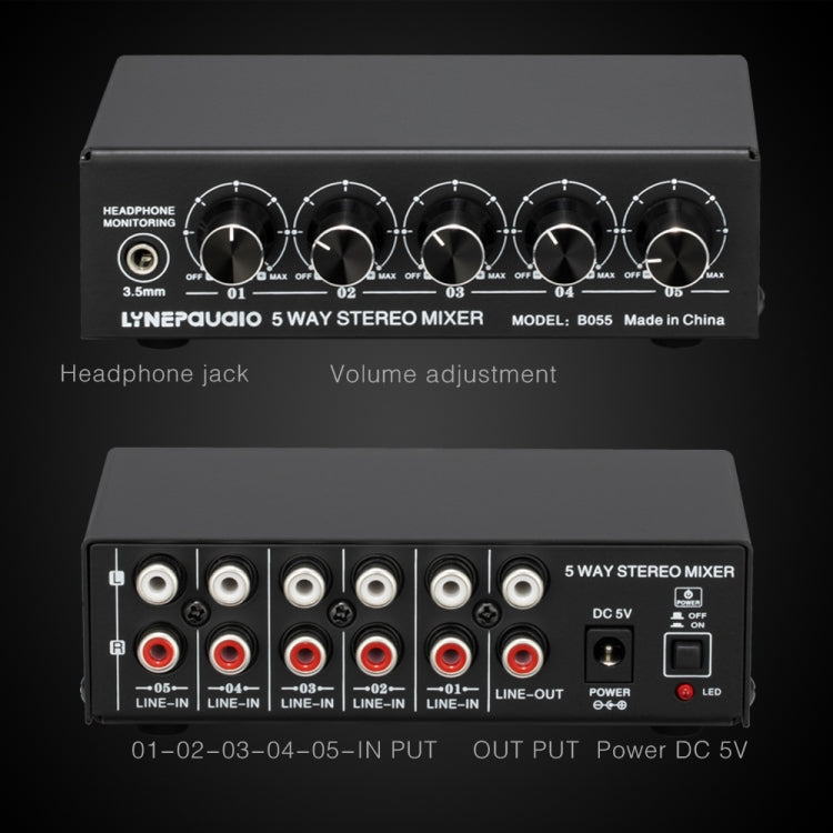 B055 5-Channel Active Stereo Mixer Multi-Channel Mixer with Independent Volume Adjustment  & USB 5V Power Output & Headphone Monitoring, US Plug, B055
