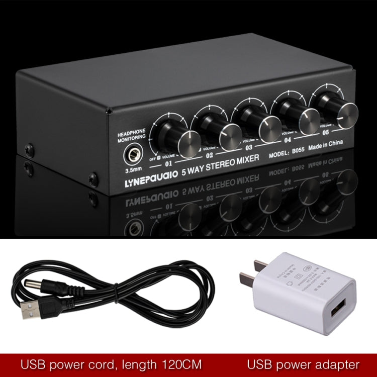 B055 5-Channel Active Stereo Mixer Multi-Channel Mixer with Independent Volume Adjustment  & USB 5V Power Output & Headphone Monitoring, US Plug, B055
