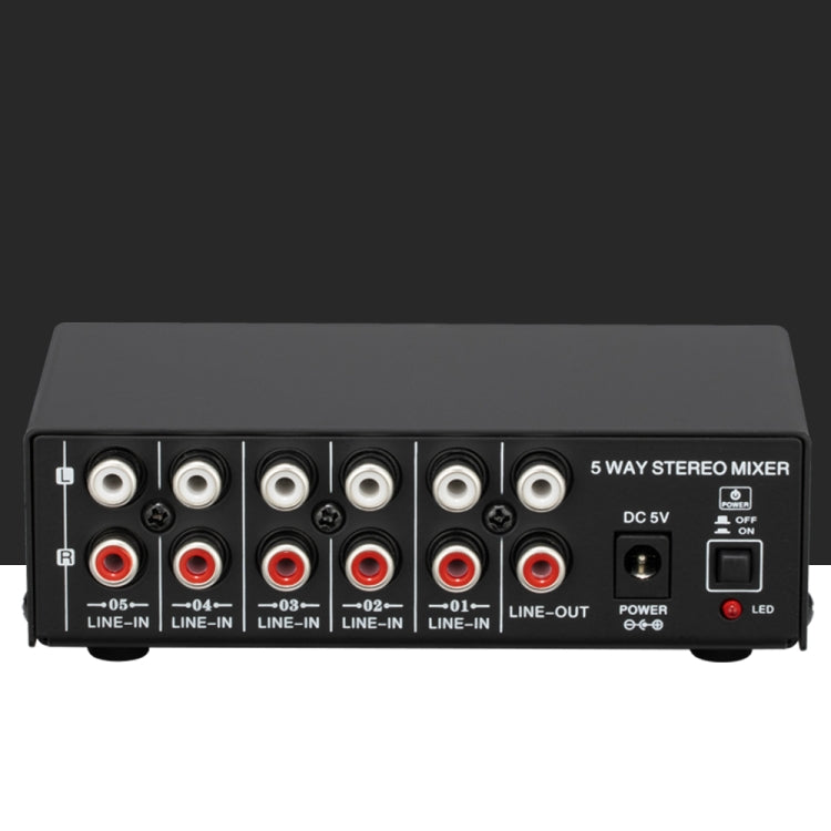 B055 5-Channel Active Stereo Mixer Multi-Channel Mixer with Independent Volume Adjustment  & USB 5V Power Output & Headphone Monitoring, US Plug, B055