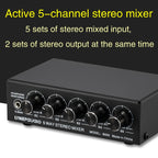 B055 5-Channel Active Stereo Mixer Multi-Channel Mixer with Independent Volume Adjustment  & USB 5V Power Output & Headphone Monitoring, US Plug, B055