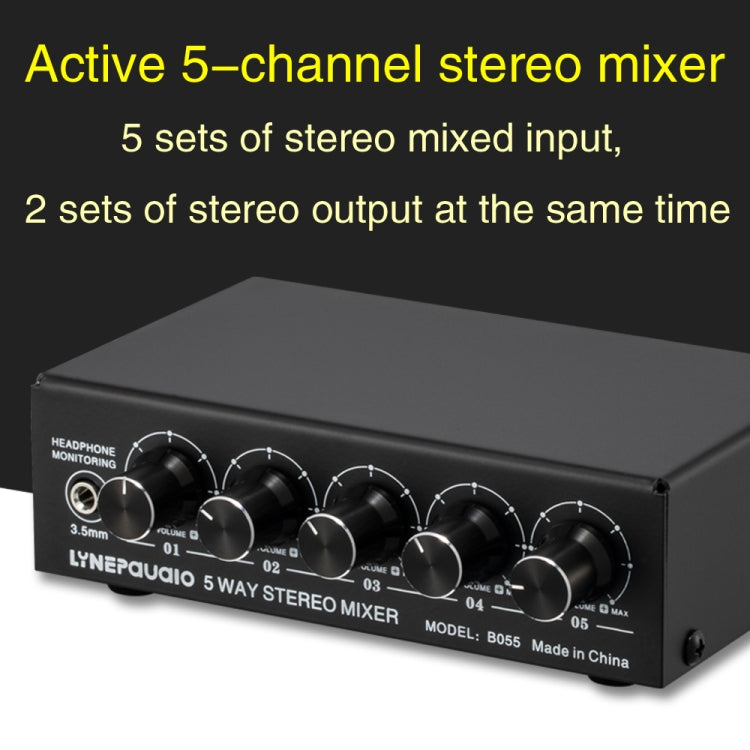 B055 5-Channel Active Stereo Mixer Multi-Channel Mixer with Independent Volume Adjustment  & USB 5V Power Output & Headphone Monitoring, US Plug, B055