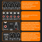 B055 5-Channel Active Stereo Mixer Multi-Channel Mixer with Independent Volume Adjustment  & USB 5V Power Output & Headphone Monitoring, US Plug, B055
