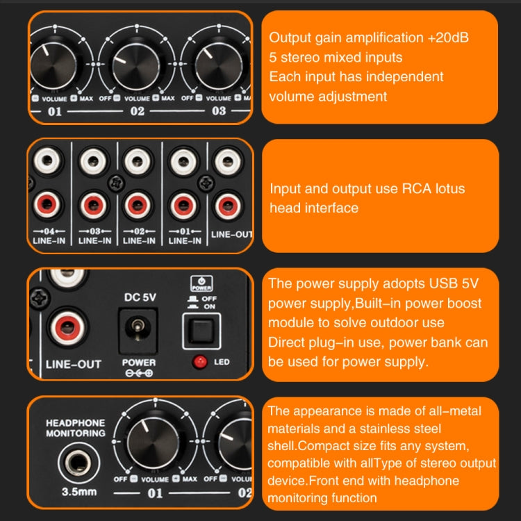 B055 5-Channel Active Stereo Mixer Multi-Channel Mixer with Independent Volume Adjustment  & USB 5V Power Output & Headphone Monitoring, US Plug, B055