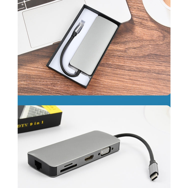 WS-06 9 in 1 Type-C to RJ45 + VGA + PD + HDMI + SD + TF + Audio 3.5mm+ 2 x USB3.0 HUB Adapter