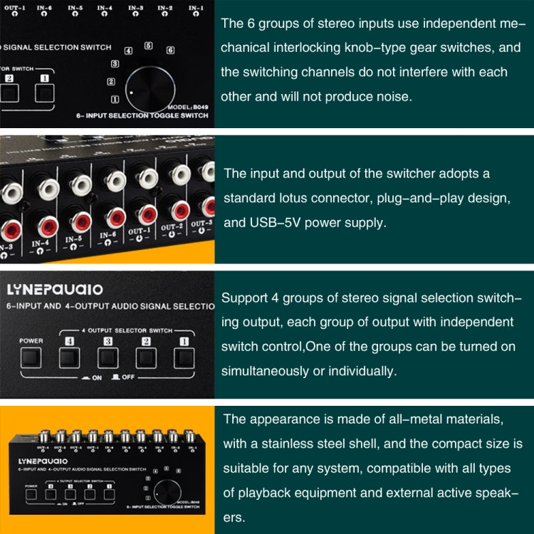 6 In 4 Out RCA Audio Switcher Signal Selector Distribute Device Switch Control