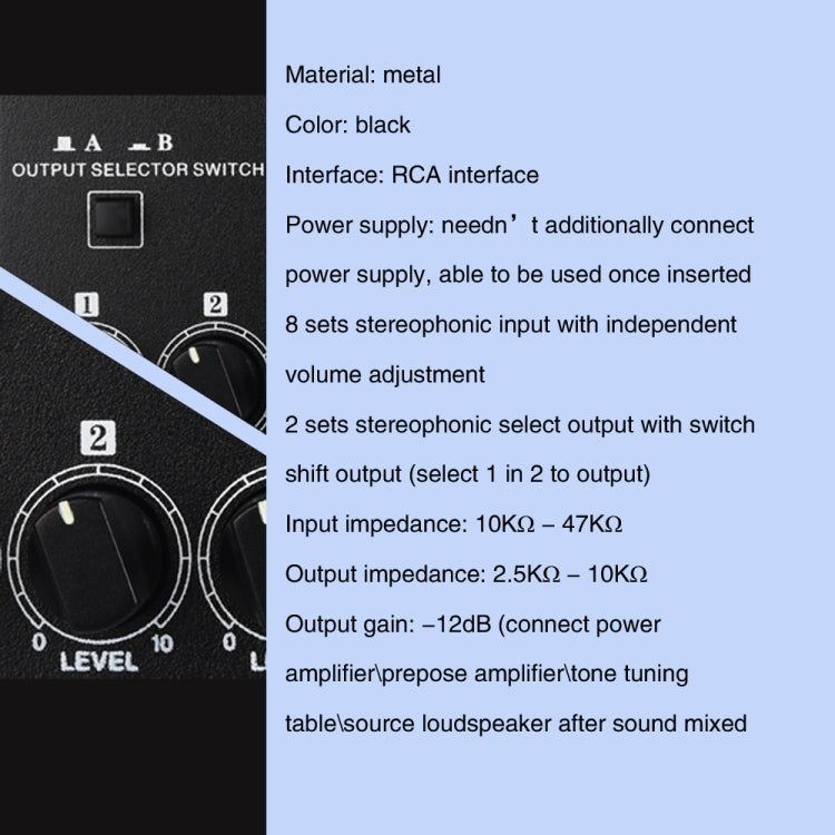 B066 Mini Stereo 8 Channel RCA Non Source Sound Passive Mixer, No Power Supply, 8 Channel RCA