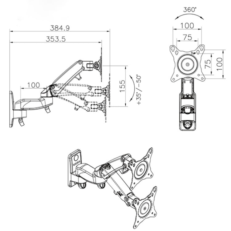 F150 Full Motion Monitor Wall Mount TV Wall Bracket with Adjustable Gas Spring Arm for 17-27 inch LED LCD Monitor