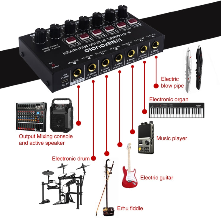 Mini 6-Channel Stereo Audio Mixer Musical Instrument Mixer Electric Wind Electric Guitar Electronic Piano Drums Mixer, B020