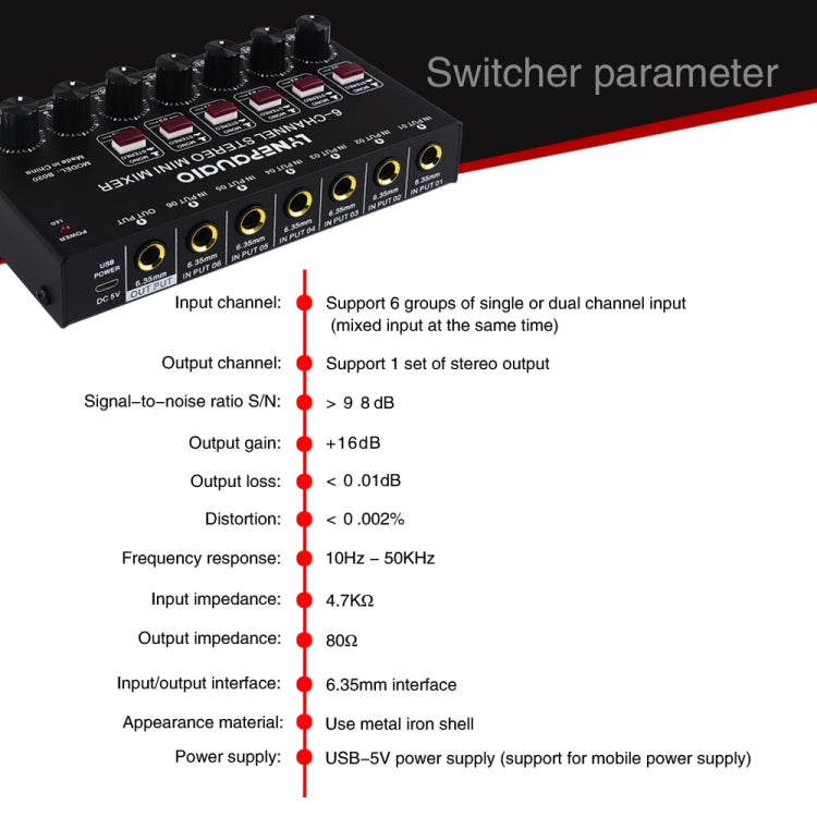 Mini 6-Channel Stereo Audio Mixer Musical Instrument Mixer Electric Wind Electric Guitar Electronic Piano Drums Mixer, B020