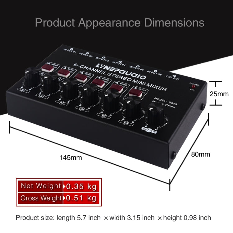 Mini 6-Channel Stereo Audio Mixer Musical Instrument Mixer Electric Wind Electric Guitar Electronic Piano Drums Mixer, B020