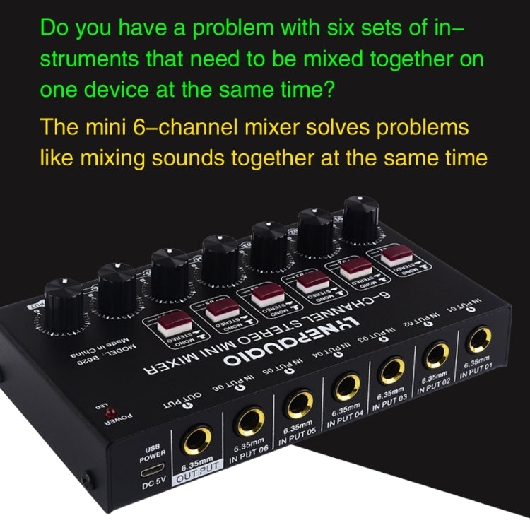 Mini 6-Channel Stereo Audio Mixer Musical Instrument Mixer Electric Wind Electric Guitar Electronic Piano Drums Mixer, B020