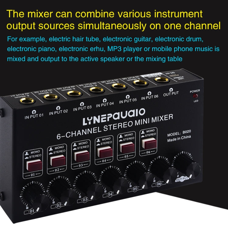 Mini 6-Channel Stereo Audio Mixer Musical Instrument Mixer Electric Wind Electric Guitar Electronic Piano Drums Mixer, B020
