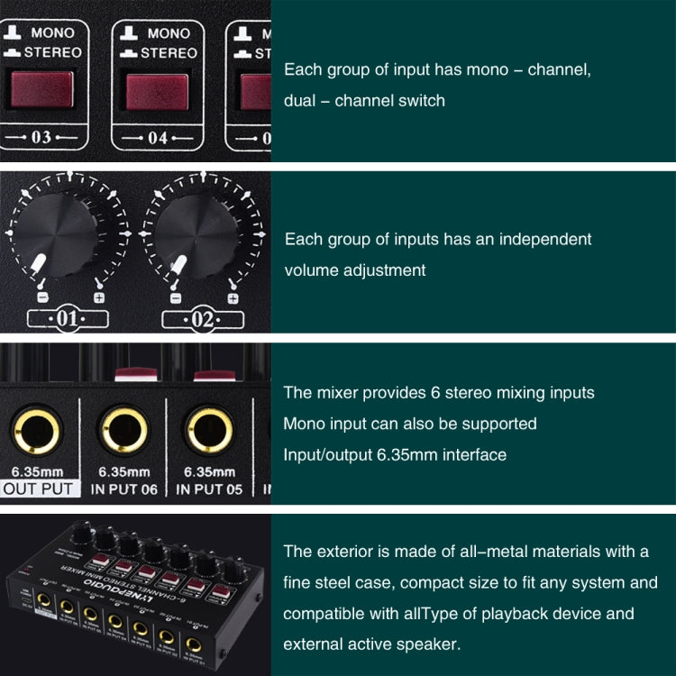 Mini 6-Channel Stereo Audio Mixer Musical Instrument Mixer Electric Wind Electric Guitar Electronic Piano Drums Mixer, B020