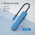 V264B 3 in 1 USB-C / Type-C to USB3.0 + PD3.0 + DP1.4 3-Ports Multi Splitter Adapter OTG HUB, USB + PD + DP